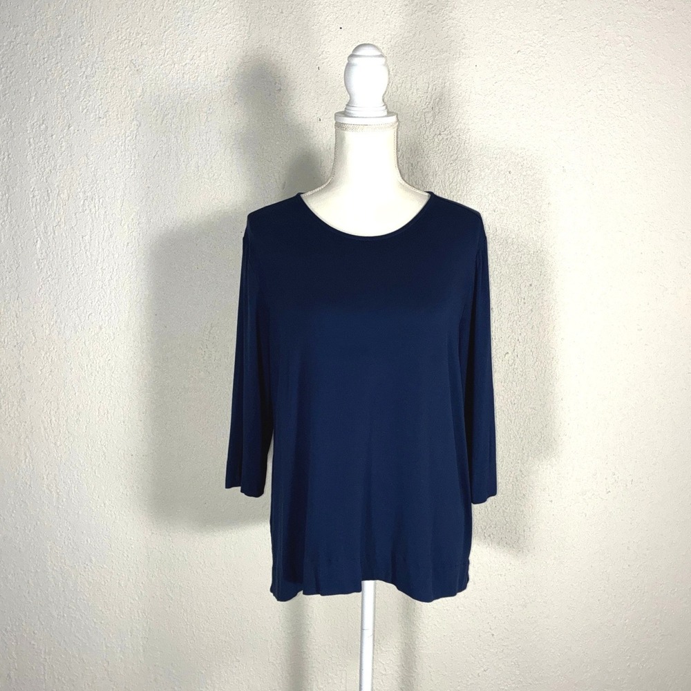 J. Jill Wearever Navy Blue 3/4 Sleeve Scoop Neck Top Large Petite Rayon Lycra